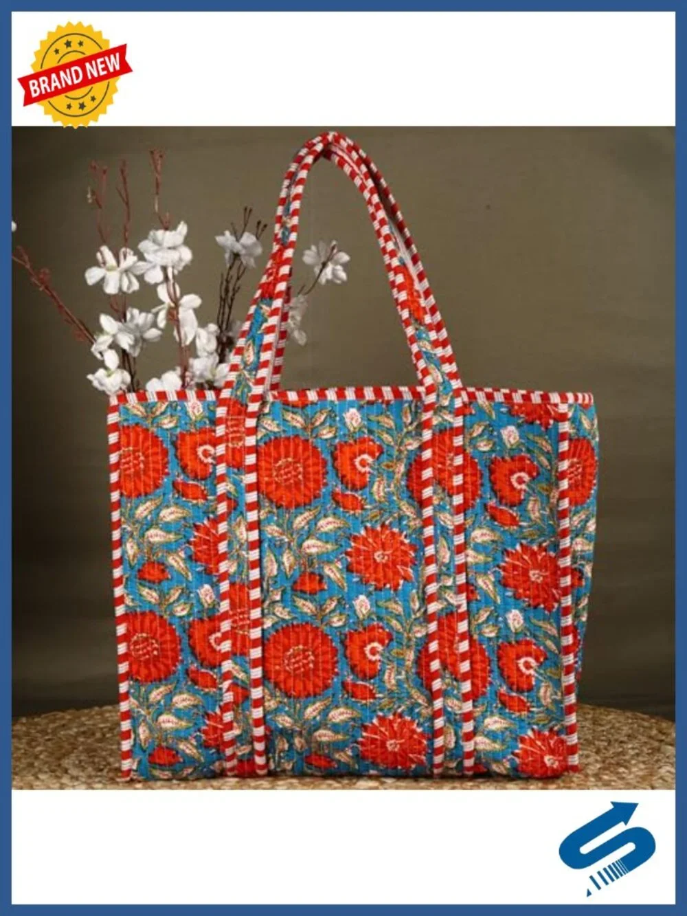 100% Cotton Hand Block Print Quilted Tote Bag Eco-Friendly Boho Shopper